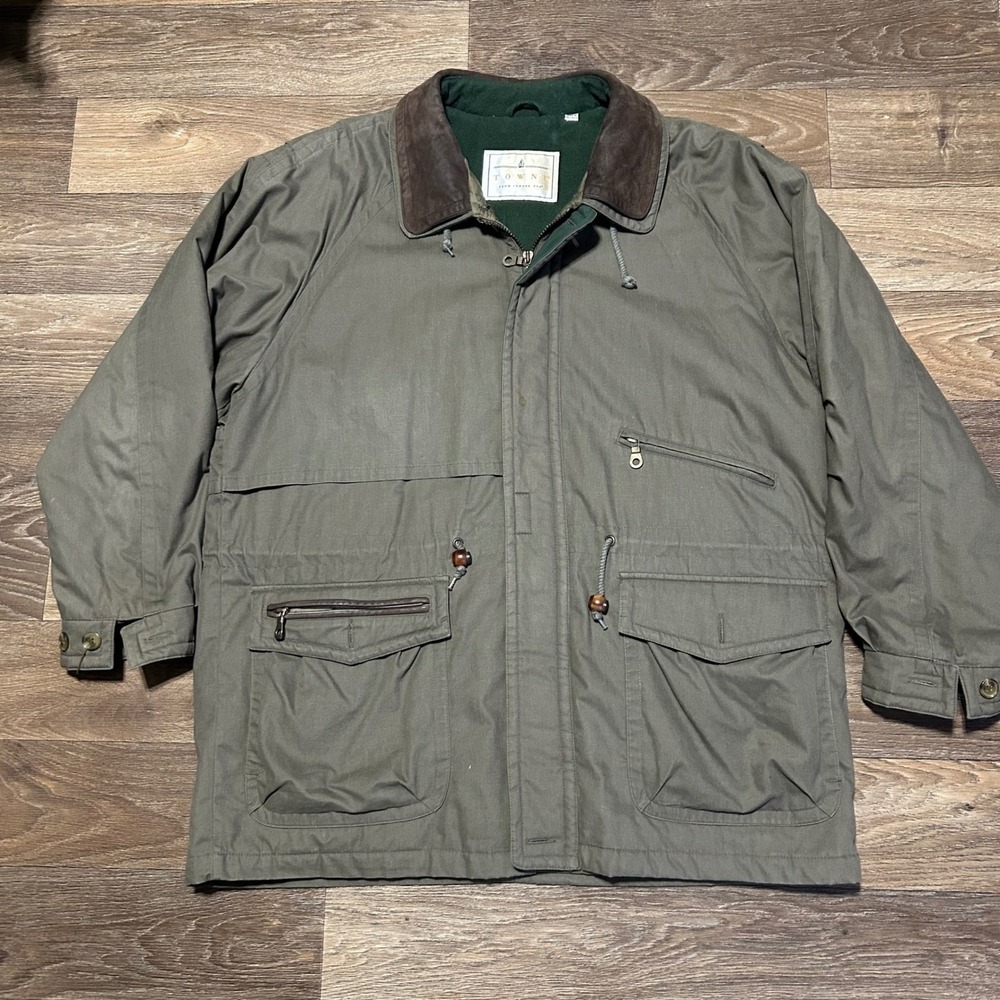 Towne London Fog Field Jacket Mens L Olive Green Fleece Lined Leather Collar